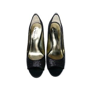TOUCH OF NINA Black Glitter Peep Toe Heels 9 NWT